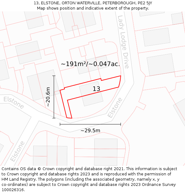 13, ELSTONE, ORTON WATERVILLE, PETERBOROUGH, PE2 5JY: Plot and title map