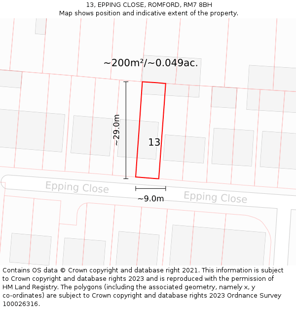 13, EPPING CLOSE, ROMFORD, RM7 8BH: Plot and title map
