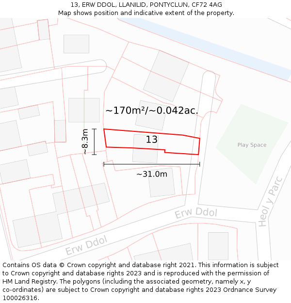 13, ERW DDOL, LLANILID, PONTYCLUN, CF72 4AG: Plot and title map