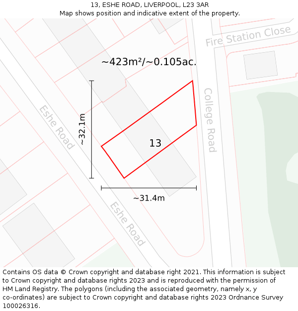 13, ESHE ROAD, LIVERPOOL, L23 3AR: Plot and title map