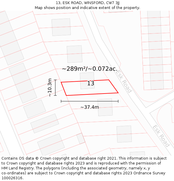13, ESK ROAD, WINSFORD, CW7 3JJ: Plot and title map