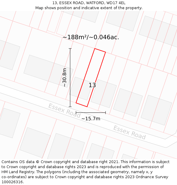 13, ESSEX ROAD, WATFORD, WD17 4EL: Plot and title map