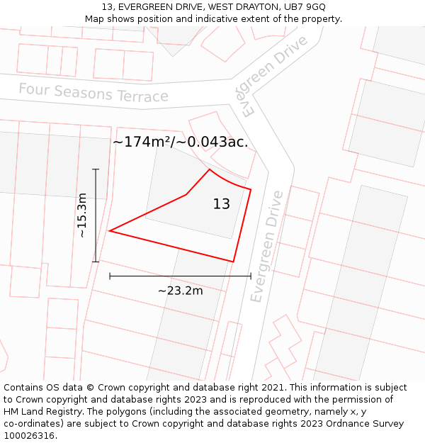 13, EVERGREEN DRIVE, WEST DRAYTON, UB7 9GQ: Plot and title map