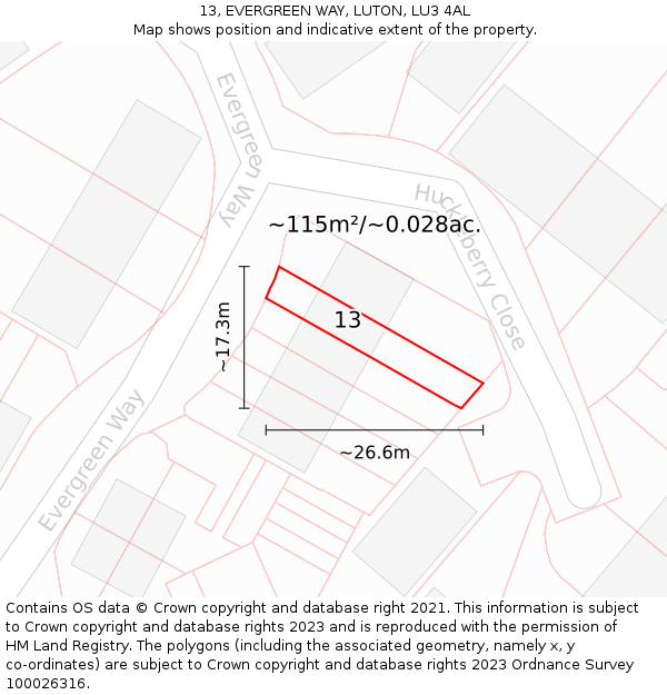 13, EVERGREEN WAY, LUTON, LU3 4AL: Plot and title map
