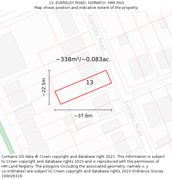 13, EVERSLEY ROAD, NORWICH, NR6 6SG: Plot and title map
