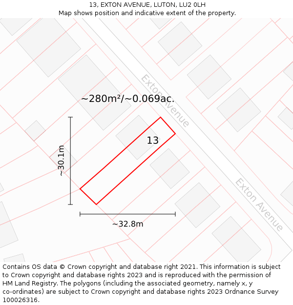 13, EXTON AVENUE, LUTON, LU2 0LH: Plot and title map