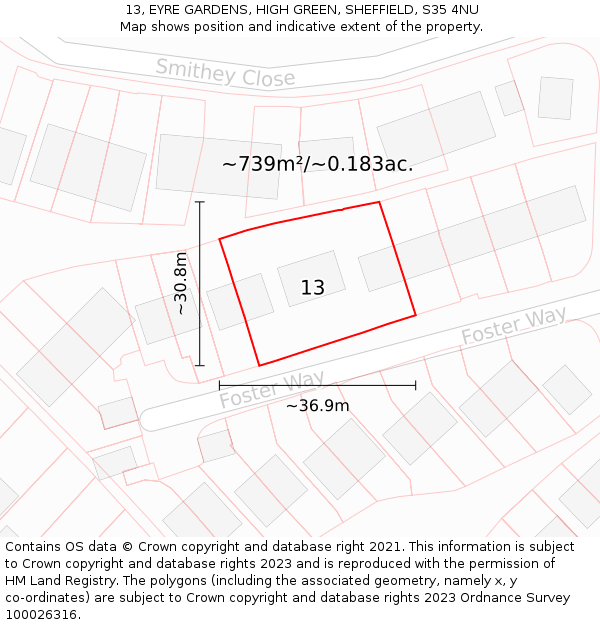 13, EYRE GARDENS, HIGH GREEN, SHEFFIELD, S35 4NU: Plot and title map