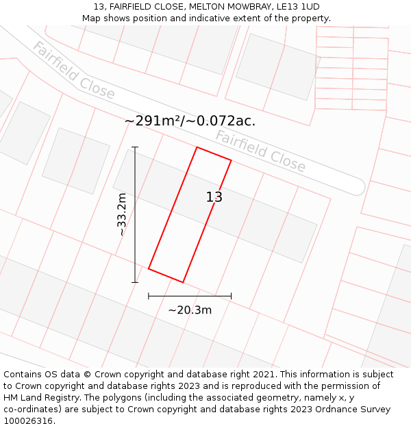 13, FAIRFIELD CLOSE, MELTON MOWBRAY, LE13 1UD: Plot and title map