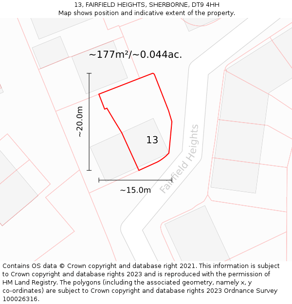 13, FAIRFIELD HEIGHTS, SHERBORNE, DT9 4HH: Plot and title map