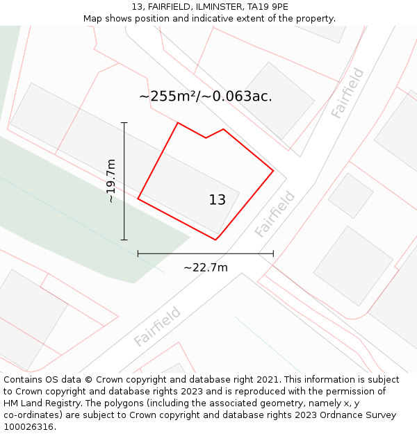 13, FAIRFIELD, ILMINSTER, TA19 9PE: Plot and title map
