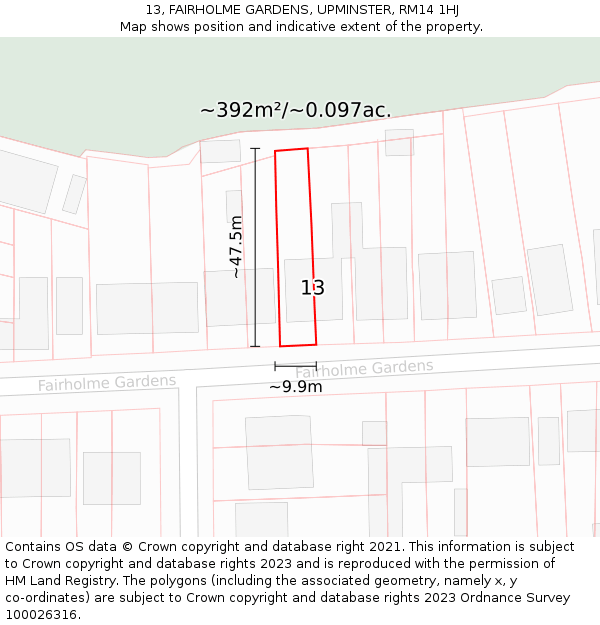 13, FAIRHOLME GARDENS, UPMINSTER, RM14 1HJ: Plot and title map