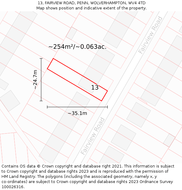 13, FAIRVIEW ROAD, PENN, WOLVERHAMPTON, WV4 4TD: Plot and title map