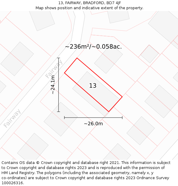 13, FAIRWAY, BRADFORD, BD7 4JF: Plot and title map