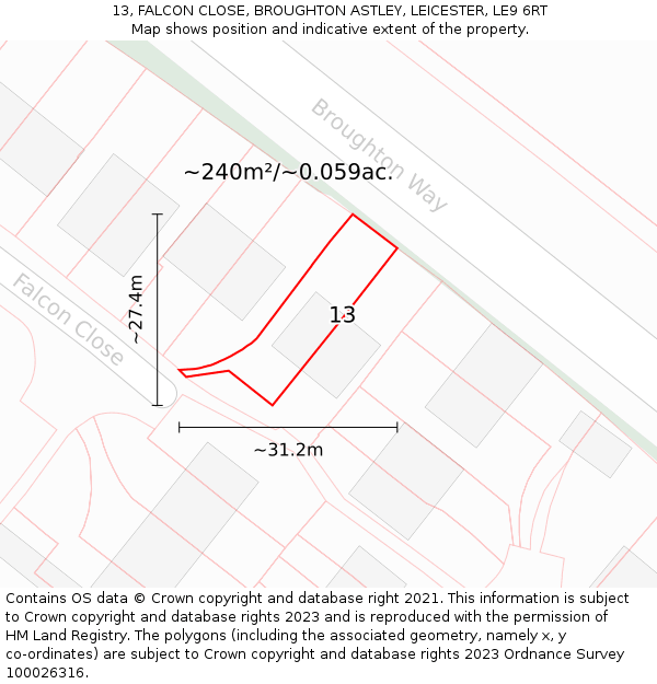 13, FALCON CLOSE, BROUGHTON ASTLEY, LEICESTER, LE9 6RT: Plot and title map