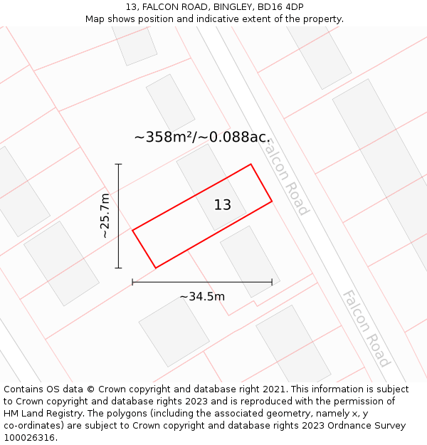 13, FALCON ROAD, BINGLEY, BD16 4DP: Plot and title map