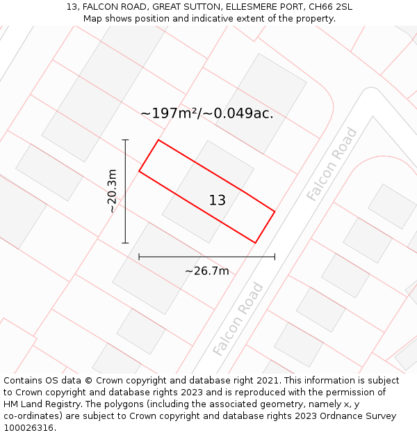 13, FALCON ROAD, GREAT SUTTON, ELLESMERE PORT, CH66 2SL: Plot and title map