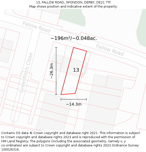 13, FALLOW ROAD, SPONDON, DERBY, DE21 7TF: Plot and title map