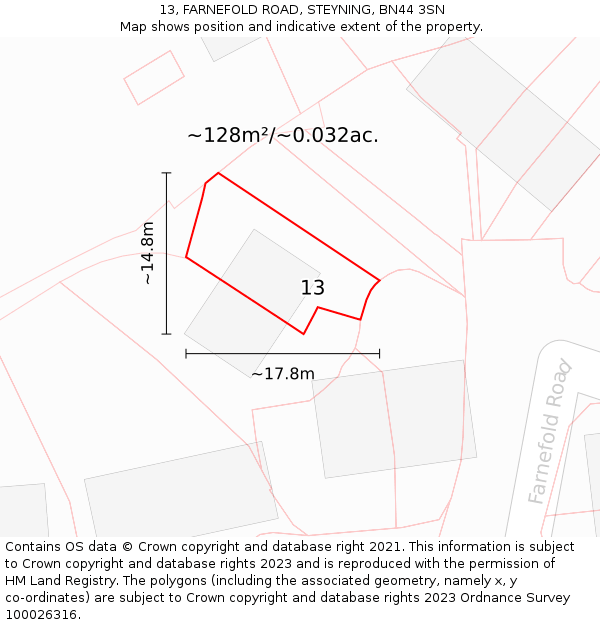 13, FARNEFOLD ROAD, STEYNING, BN44 3SN: Plot and title map