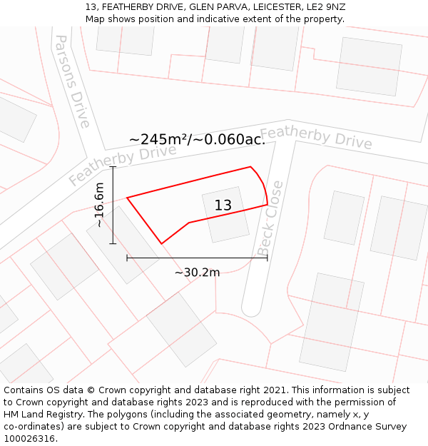 13, FEATHERBY DRIVE, GLEN PARVA, LEICESTER, LE2 9NZ: Plot and title map