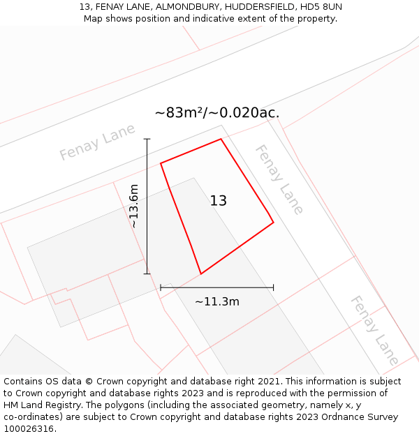 13, FENAY LANE, ALMONDBURY, HUDDERSFIELD, HD5 8UN: Plot and title map
