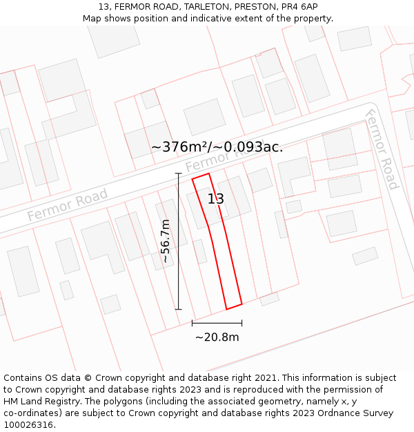 13, FERMOR ROAD, TARLETON, PRESTON, PR4 6AP: Plot and title map