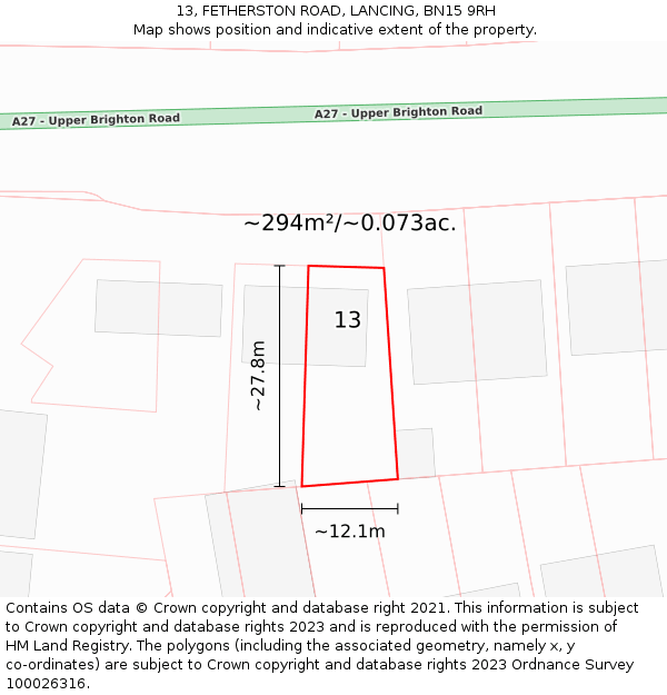 13, FETHERSTON ROAD, LANCING, BN15 9RH: Plot and title map