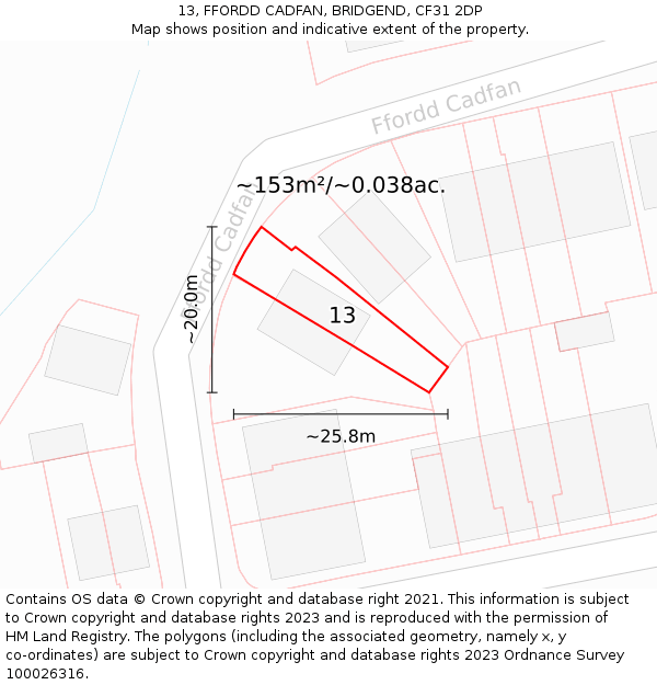 13, FFORDD CADFAN, BRIDGEND, CF31 2DP: Plot and title map