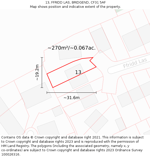 13, FFRIDD LAS, BRIDGEND, CF31 5AF: Plot and title map