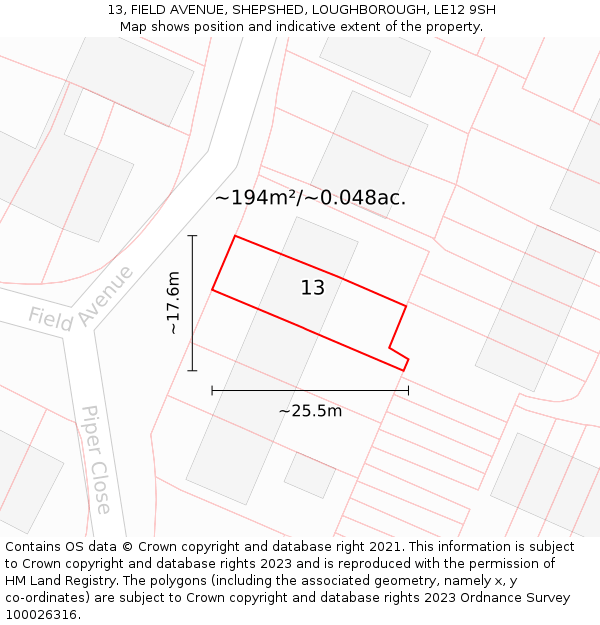 13, FIELD AVENUE, SHEPSHED, LOUGHBOROUGH, LE12 9SH: Plot and title map