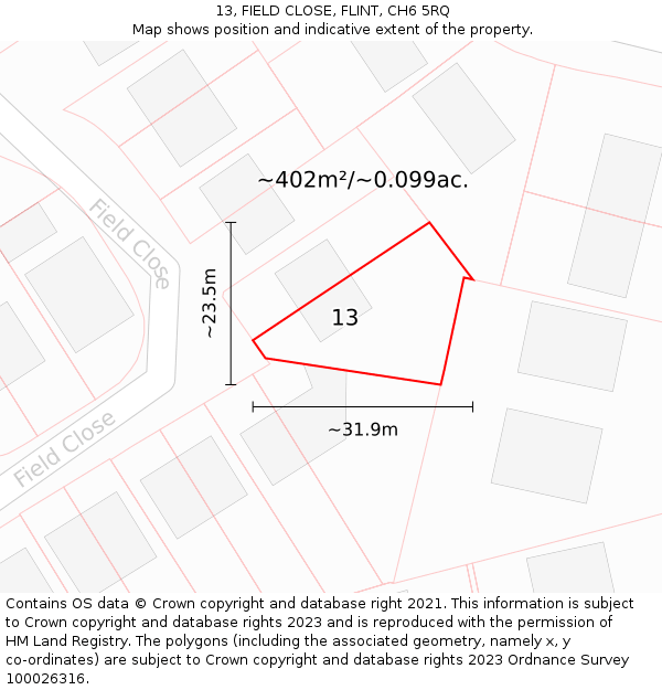 13, FIELD CLOSE, FLINT, CH6 5RQ: Plot and title map