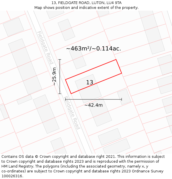 13, FIELDGATE ROAD, LUTON, LU4 9TA: Plot and title map