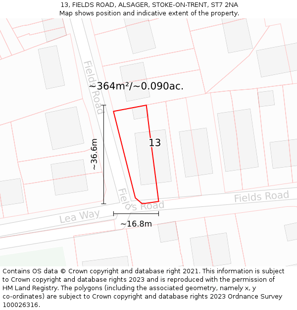 13, FIELDS ROAD, ALSAGER, STOKE-ON-TRENT, ST7 2NA: Plot and title map