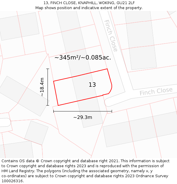 13, FINCH CLOSE, KNAPHILL, WOKING, GU21 2LF: Plot and title map