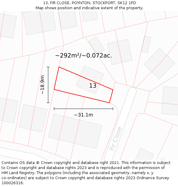 13, FIR CLOSE, POYNTON, STOCKPORT, SK12 1PD: Plot and title map