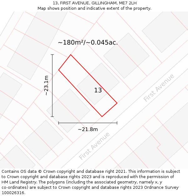 13, FIRST AVENUE, GILLINGHAM, ME7 2LH: Plot and title map
