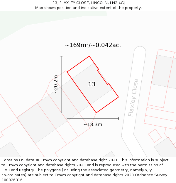 13, FLAXLEY CLOSE, LINCOLN, LN2 4GJ: Plot and title map