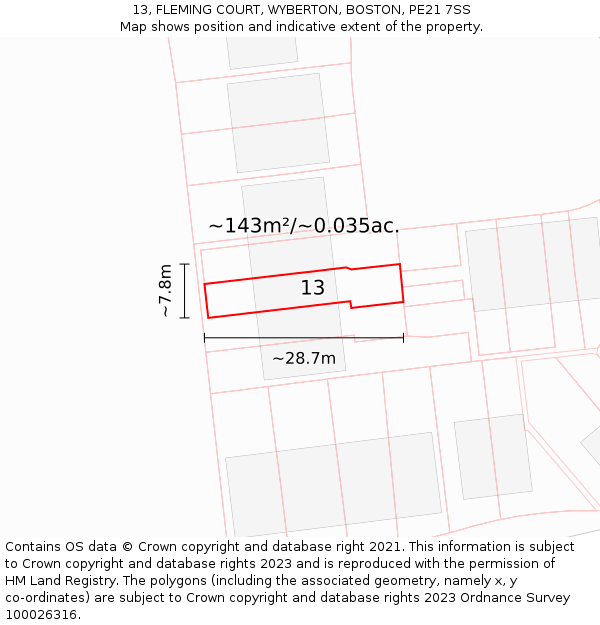 13, FLEMING COURT, WYBERTON, BOSTON, PE21 7SS: Plot and title map