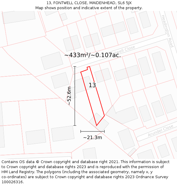 13, FONTWELL CLOSE, MAIDENHEAD, SL6 5JX: Plot and title map