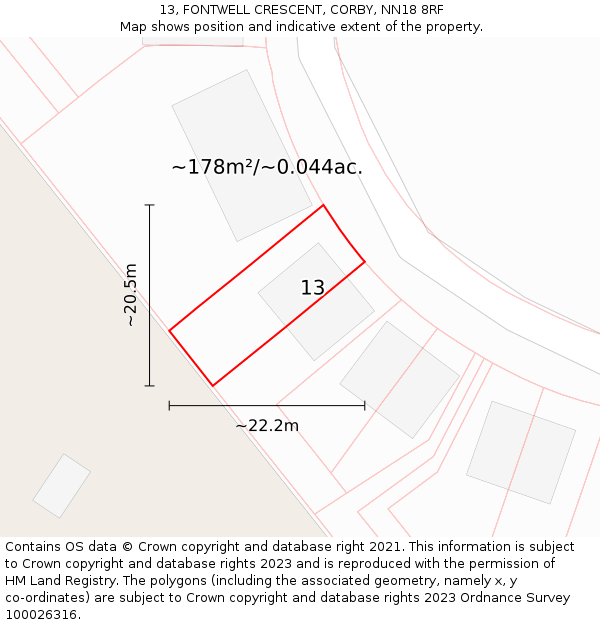13, FONTWELL CRESCENT, CORBY, NN18 8RF: Plot and title map