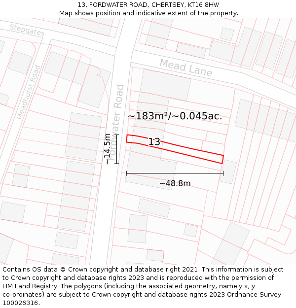 13, FORDWATER ROAD, CHERTSEY, KT16 8HW: Plot and title map