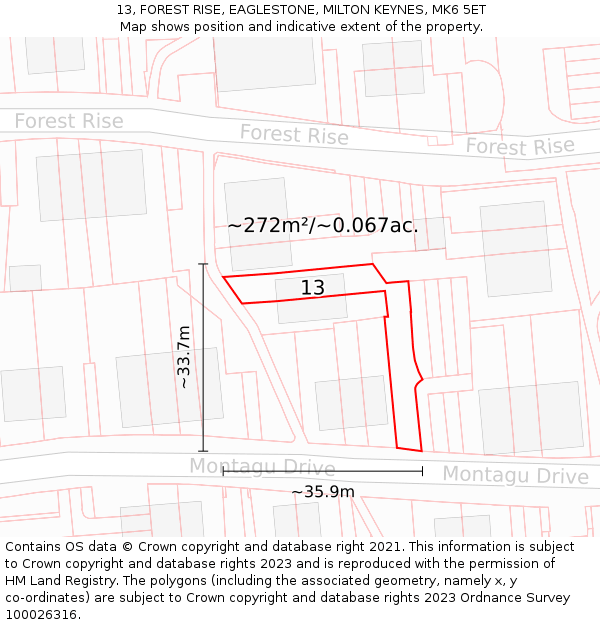 13, FOREST RISE, EAGLESTONE, MILTON KEYNES, MK6 5ET: Plot and title map