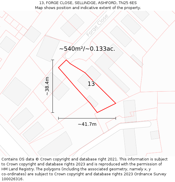 13, FORGE CLOSE, SELLINDGE, ASHFORD, TN25 6ES: Plot and title map
