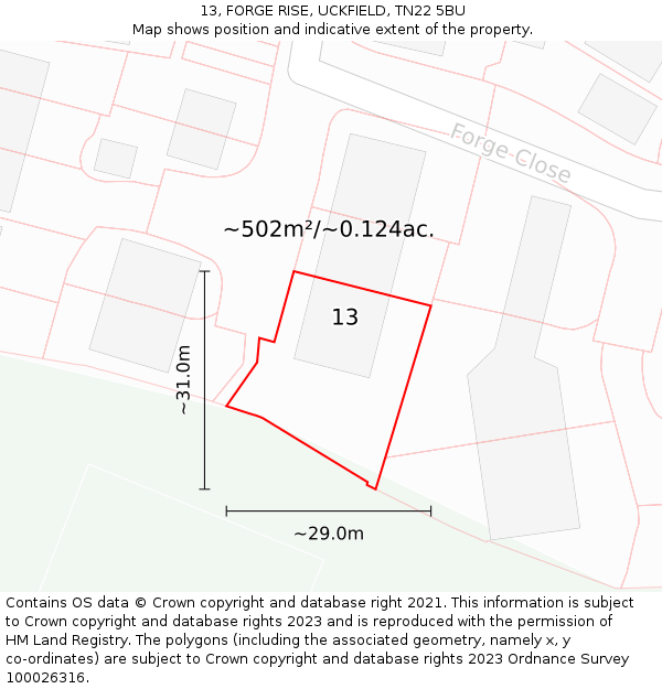 13, FORGE RISE, UCKFIELD, TN22 5BU: Plot and title map