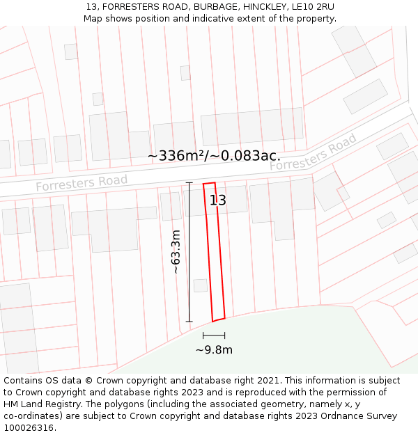 13, FORRESTERS ROAD, BURBAGE, HINCKLEY, LE10 2RU: Plot and title map