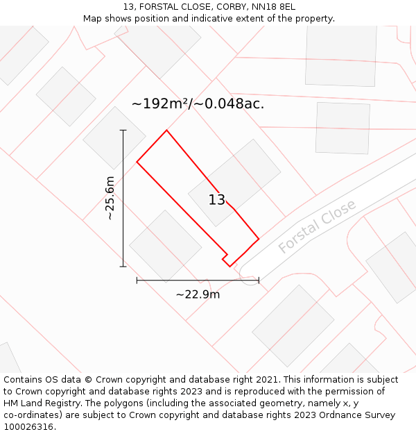 13, FORSTAL CLOSE, CORBY, NN18 8EL: Plot and title map