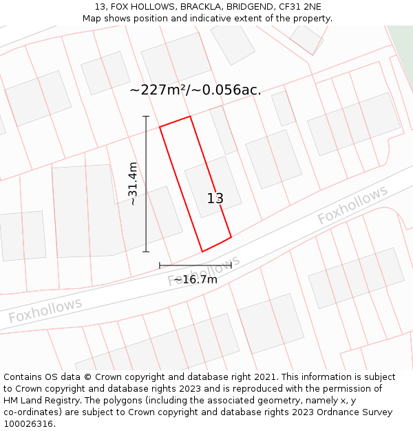 13, FOX HOLLOWS, BRACKLA, BRIDGEND, CF31 2NE: Plot and title map