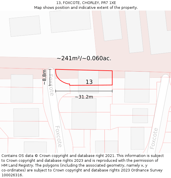 13, FOXCOTE, CHORLEY, PR7 1XE: Plot and title map