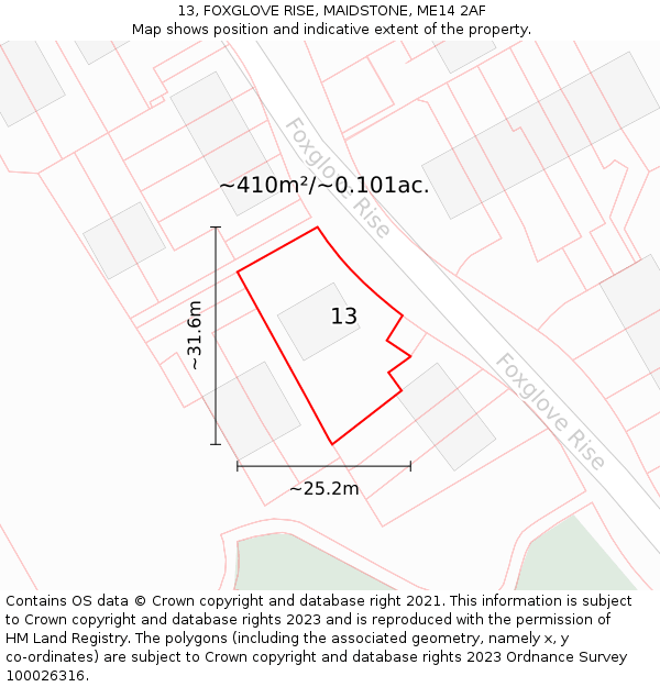 13, FOXGLOVE RISE, MAIDSTONE, ME14 2AF: Plot and title map