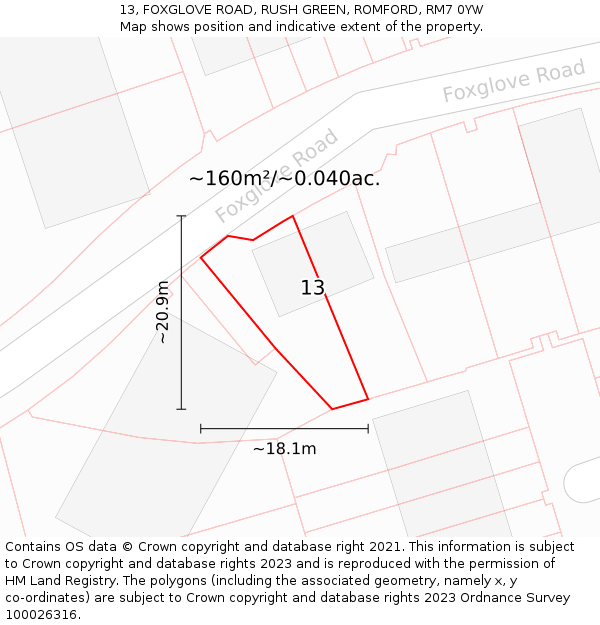 13, FOXGLOVE ROAD, RUSH GREEN, ROMFORD, RM7 0YW: Plot and title map