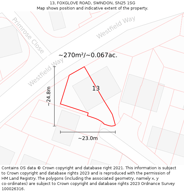 13, FOXGLOVE ROAD, SWINDON, SN25 1SG: Plot and title map